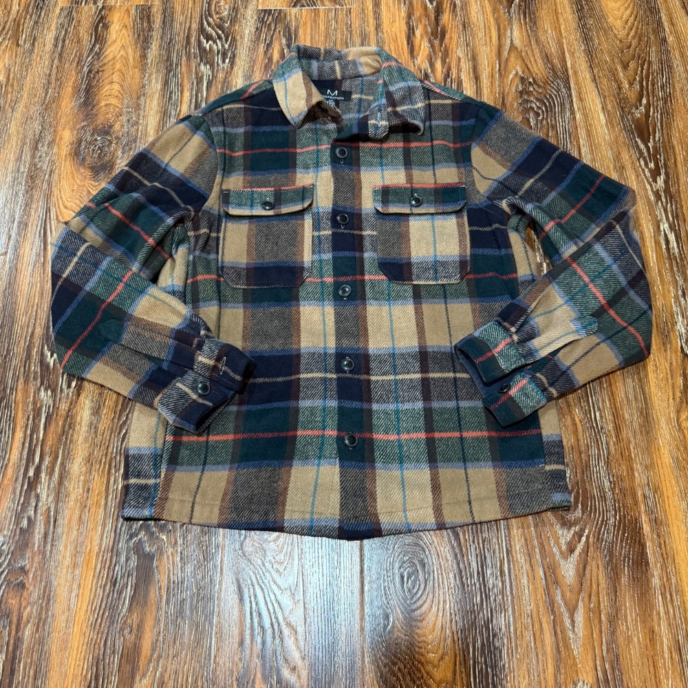 Magaschoni Mens Plaid Fleece Shirt Jacket Brown Navy Green Shacket Size Small